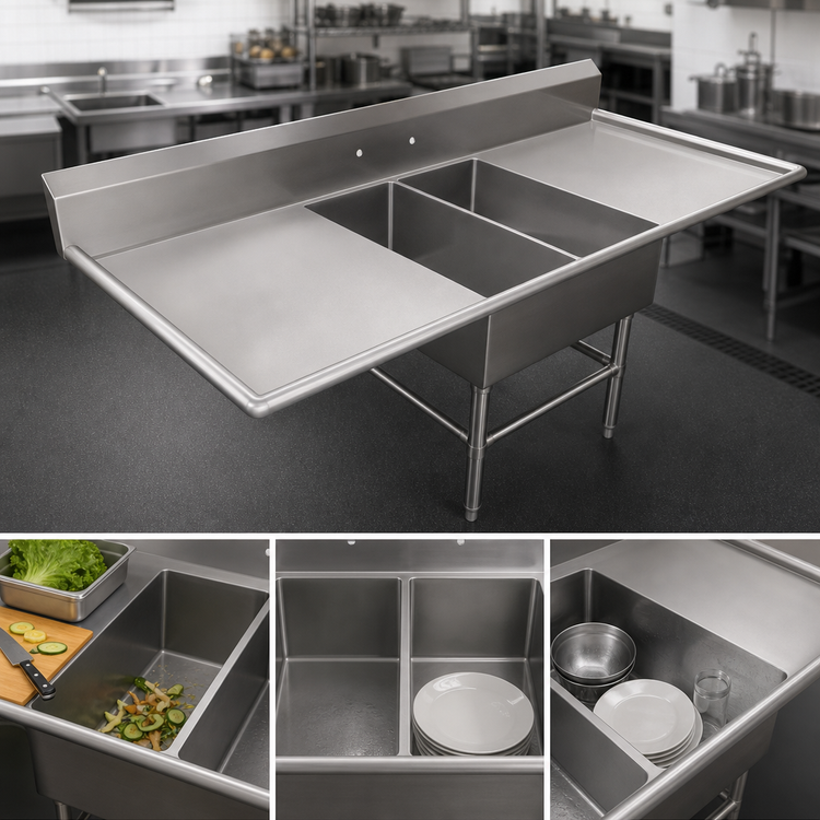 Product image #3 for John Boos Pro-Bowl 2-Compartment Platter Sink with Left and Right Drainboards, 14-Gauge 300 Series Stainless Steel