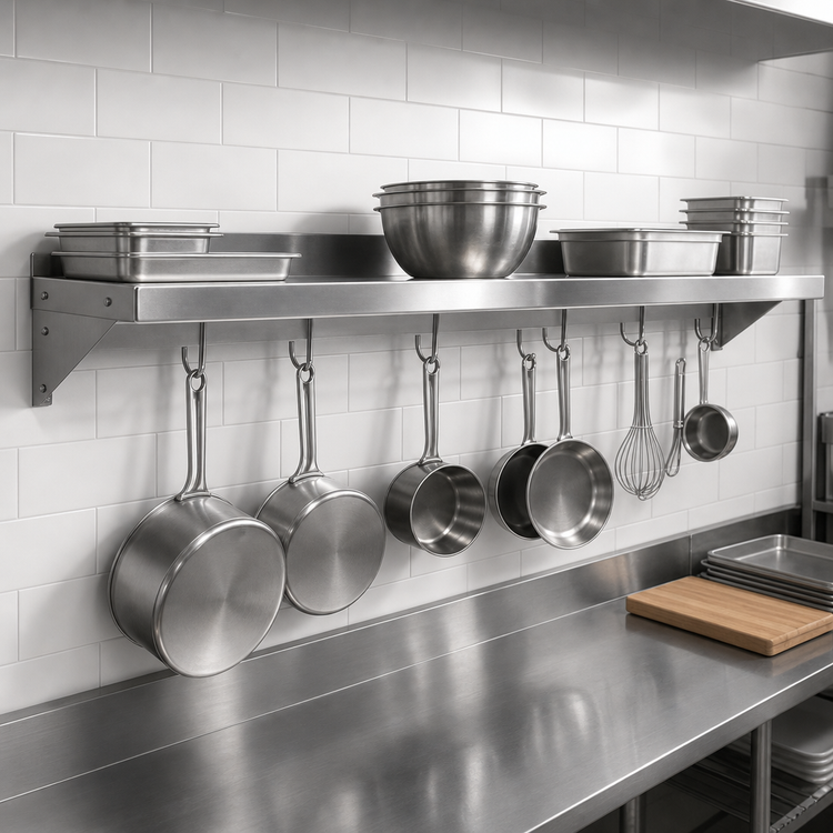 Product image #3 for John Boos Stallion Wall-Mount Stainless Steel Shelf with Pot Rack, 144" x 18" x 13", 12 Hooks