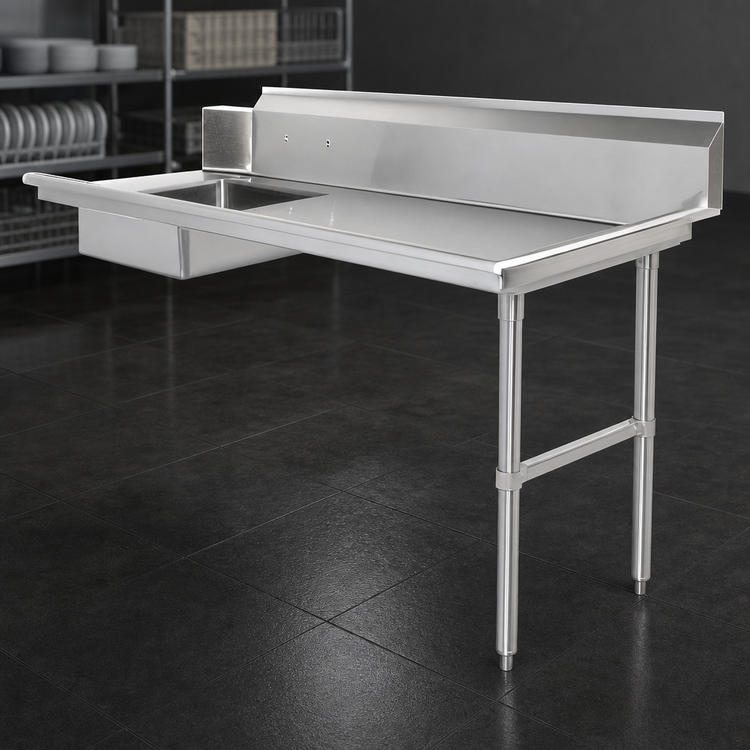 Product image #3 for Steel Works Stainless 84-Inch x 30-Inch Right-to-Left 304 Stainless Steel Soiled Dish Table with Pre-Rinse Bowl and 9-Inch Splash