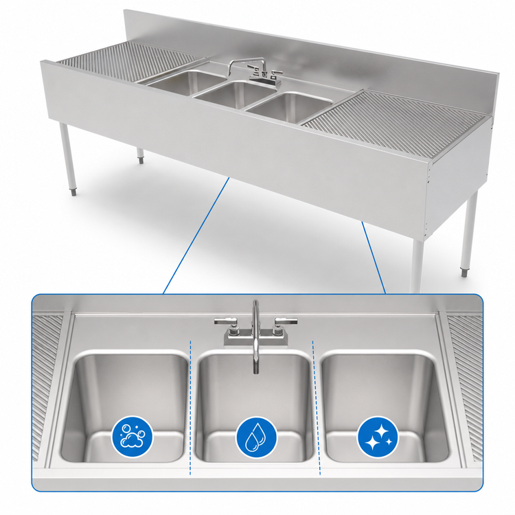 Product image #4 for Top Shelf TSF84M3-DB Three-Compartment Underbar Sink Unit with Dual Drainboards and Backsplash, 84 Inch x 24 Inch