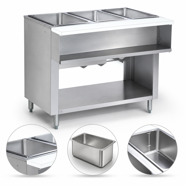 Product image #3 for Advance Tabco Triumph (Supreme) 3-Well LP Gas Wet Bath Hot Food Table with Cutting Board and Open Undershelf