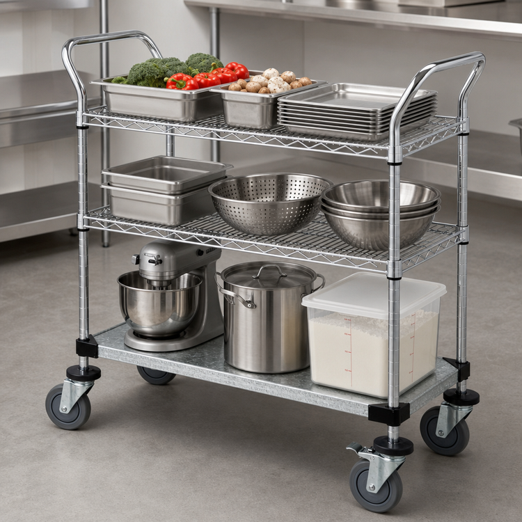 Product image #3 for Quantum 48-Inch x 24-Inch 3-Shelf Utility Cart with Chrome Wire and Galvanized Solid Shelves, 1200 lb Capacity