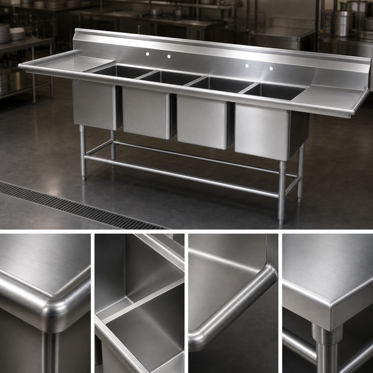 Product image #3 for Spec-Master FN Series 105.5"W Four-Compartment Stainless Steel Commercial Sink with 24" Left Drainboard