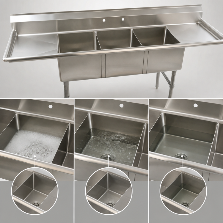 Product image #3 for Klinger's Trading Economy Three-Compartment Stainless Steel Sink with Dual Drainboards, 84-Inch Wide