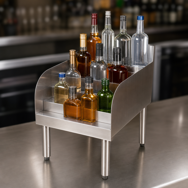 Product image #4 for BK Resources Freestanding 4-Step Stainless Steel Underbar Liquor Bottle Display, 12 Inch W x 21-1/4 Inch D, Approx. 13-Bottle Capacity