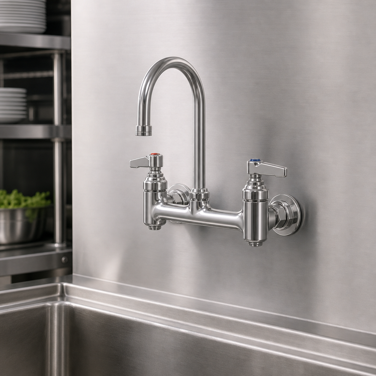 Product image #3 for T&S Brass Low-Lead Wall-Mount Faucet with 5-3/4 Inch Swivel Gooseneck Spout, 8 Inch Adjustable Centers