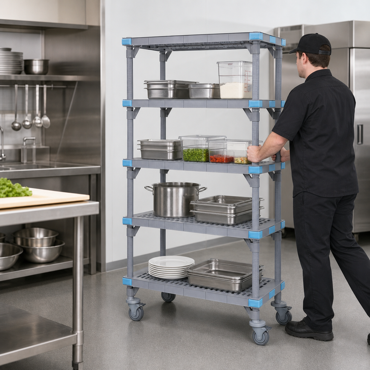 Product image #3 for Millenia Mobile Polymer Shelving Starter Unit with 4 Open Grid Shelves, 36 x 18 x 74 Inches