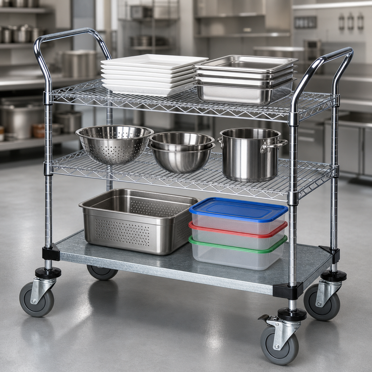 Product image #3 for Quantum 3-Shelf Utility Cart, 30 x 24 x 37.5 Inches, Chrome-Plated, 1200 lb. Capacity