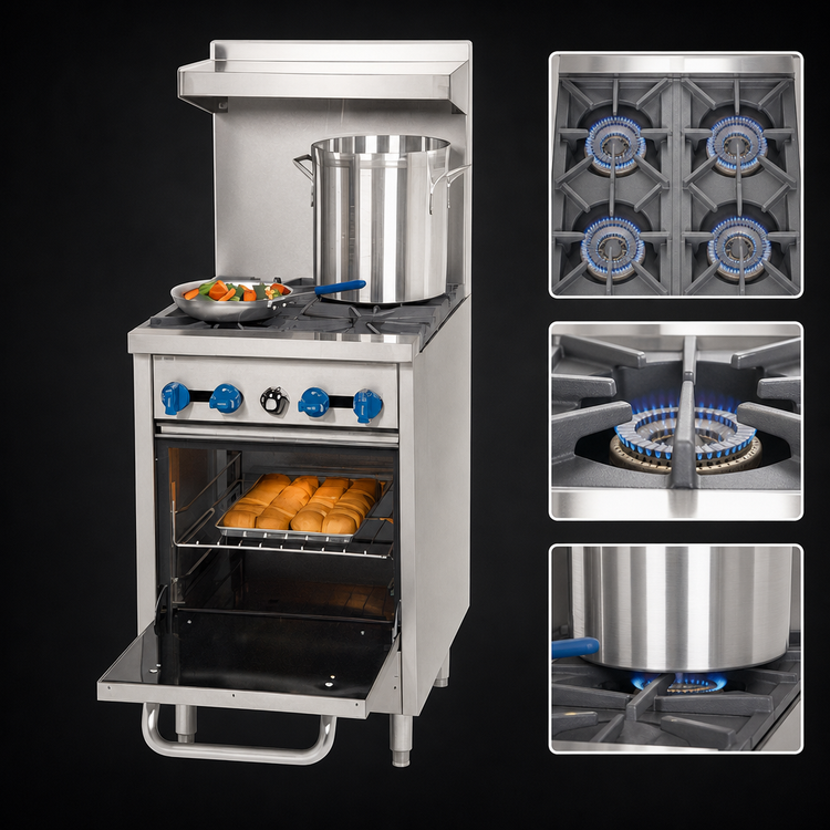 Product image #3 for Comstock-Castle F318 24-Inch Commercial Gas Range with 4 Open Burners, Space-Saver Oven, Backriser and High Shelf