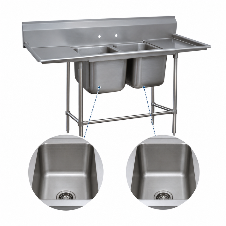 Product image #3 for Advance Tabco Regaline 2-Compartment Commercial Sink with Left and Right Drainboards, 14-Gauge 304 Stainless Steel