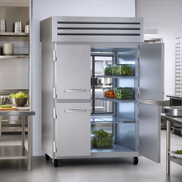 Product image #3 for True SPEC SERIES Two-Section Pass-Thru Reach-In Refrigerator with 4 Stainless Steel Half Front Doors and 2 Glass Rear Doors