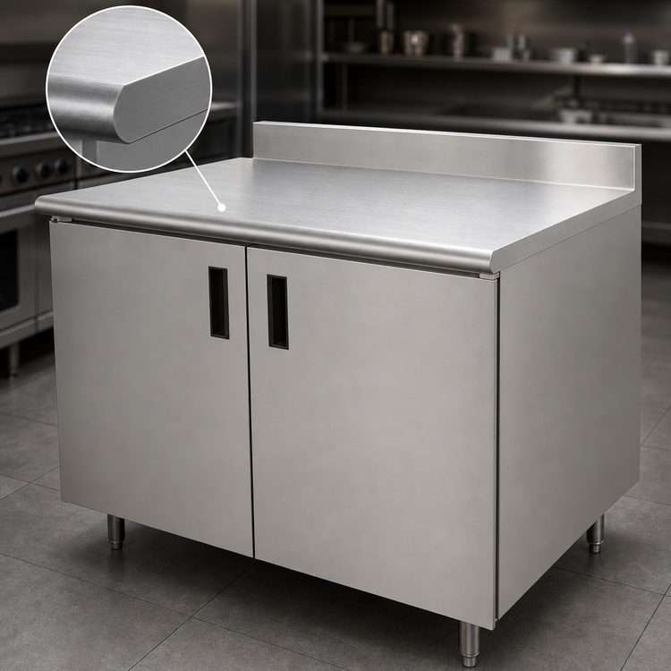 Product image #3 for Advance Tabco 84-Inch x 30-Inch Enclosed Stainless Steel Work Table with Cabinet Base, Hinged Doors, and 5-Inch Backsplash