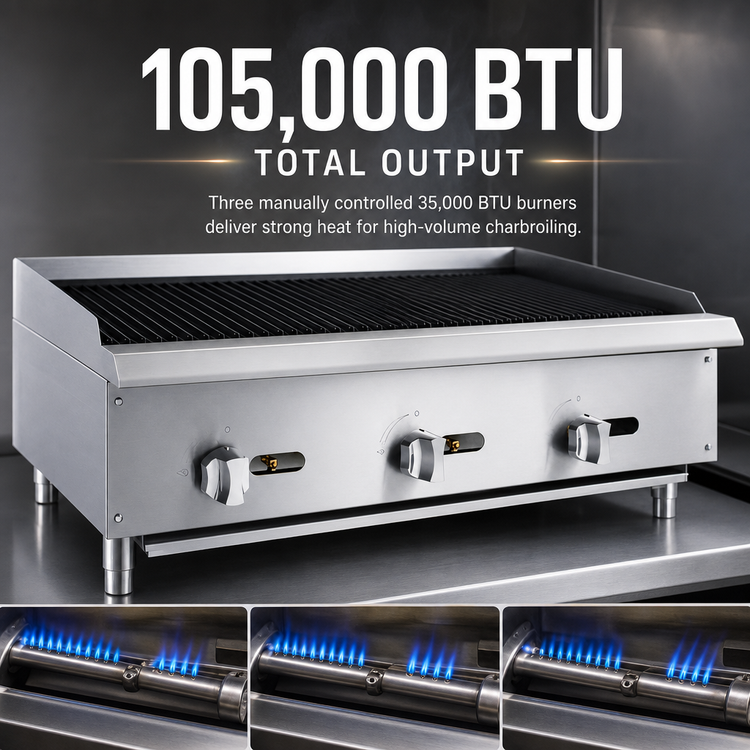 Product image #4 for General 36-Inch Countertop Natural Gas Char-Rock Charbroiler, 3 Burners, 105,000 BTU