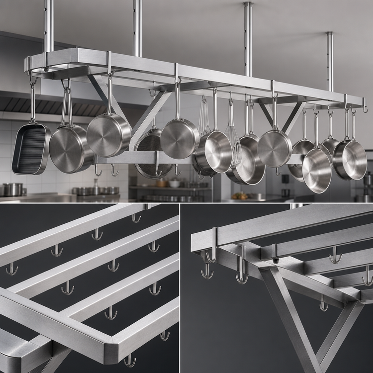 Product image #3 for Advance Tabco 144-Inch Ceiling-Mounted Triple-Bar Stainless Steel Pot Rack with 18 Double Hooks
