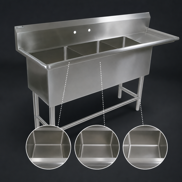 Product image #3 for John Boos Pro-Bowl 3-Compartment Sink with 18 in. Right Drainboard, 18 x 24 x 12 in. Bowls, 76-3/16 in. W x 29-1/2 in. D