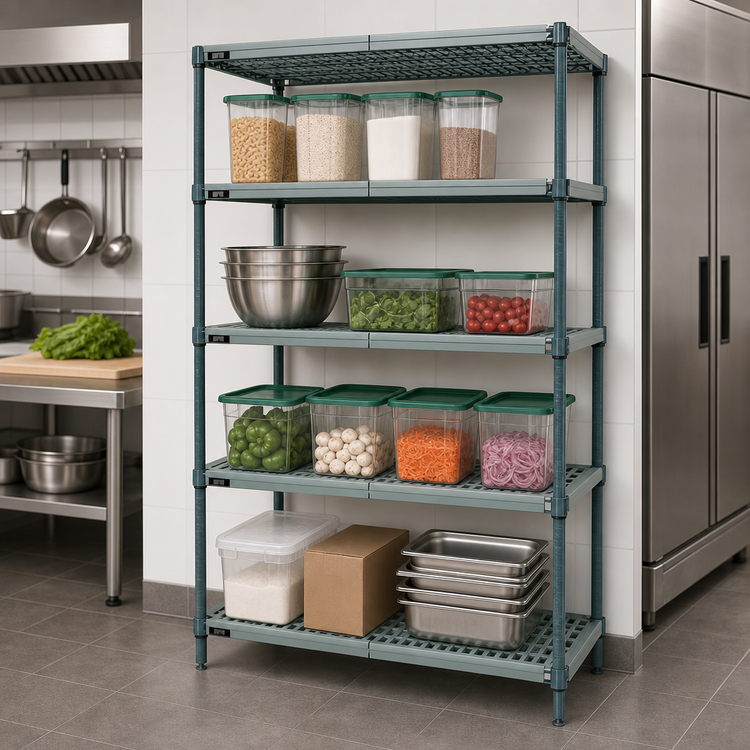 Product image #3 for Quantum 4-Tier Stationary Wire Plastic Mat Shelving Unit, 42W x 24D x 63H, Green Epoxy Antimicrobial Finish