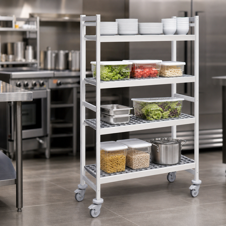 Product image #3 for Fermostock 4-Tier Mobile Shelving Unit with Removable Polymer Inserts, 71 Inch H x 31 Inch W x 14 Inch D