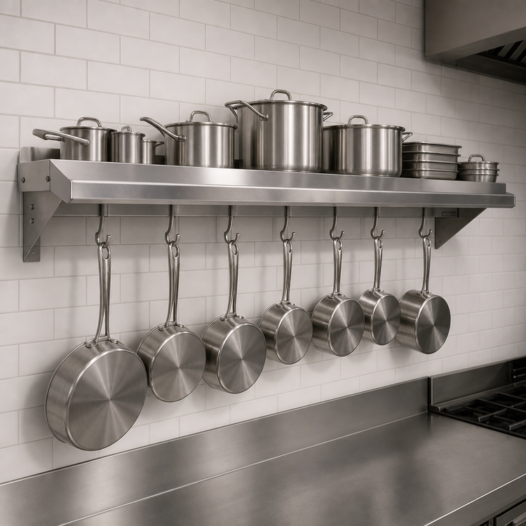 Product image #3 for John Boos Stallion 144-Inch Wall-Mount Stainless Steel Pot Rack Shelf with 12 Hooks, 16-Inch Deep