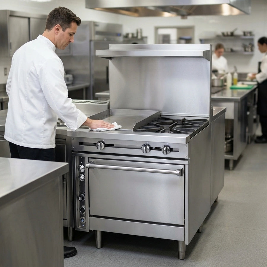Experience unparalleled durability with this heavy-duty gas range, meticulously constructed from premium stainless steel for the busiest commercial kitchens.