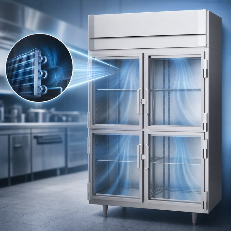 Product image #4 for Victory UltraSpec™ Standard Depth Two-Section Stainless Steel Glass Half-Door Reach-In Freezer, Self-Contained Top-Mounted