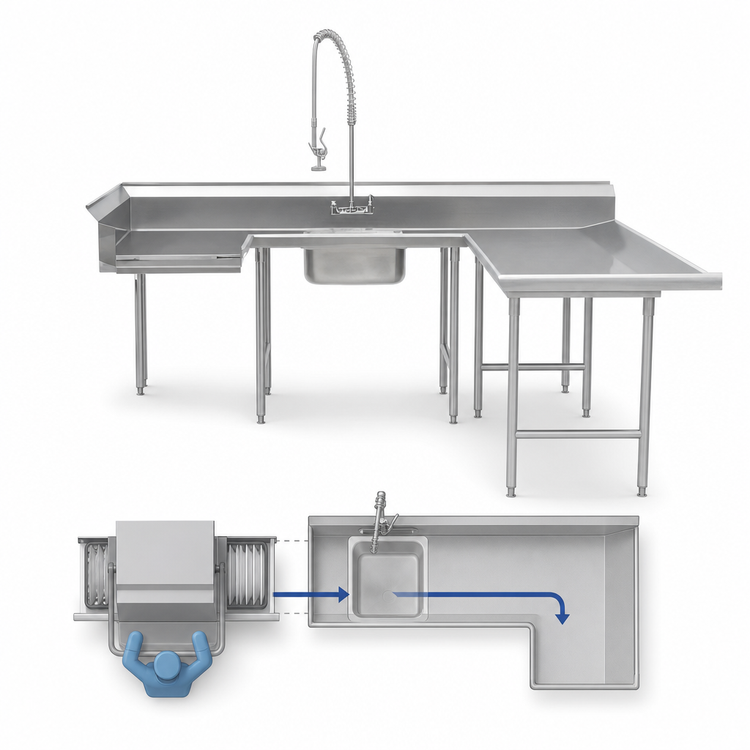 Product image #3 for Advance Tabco Right-Hand U-Shaped Soiled Dishtable with Pre-Rinse Sink and Dishlanding, 108 x 72 Inch