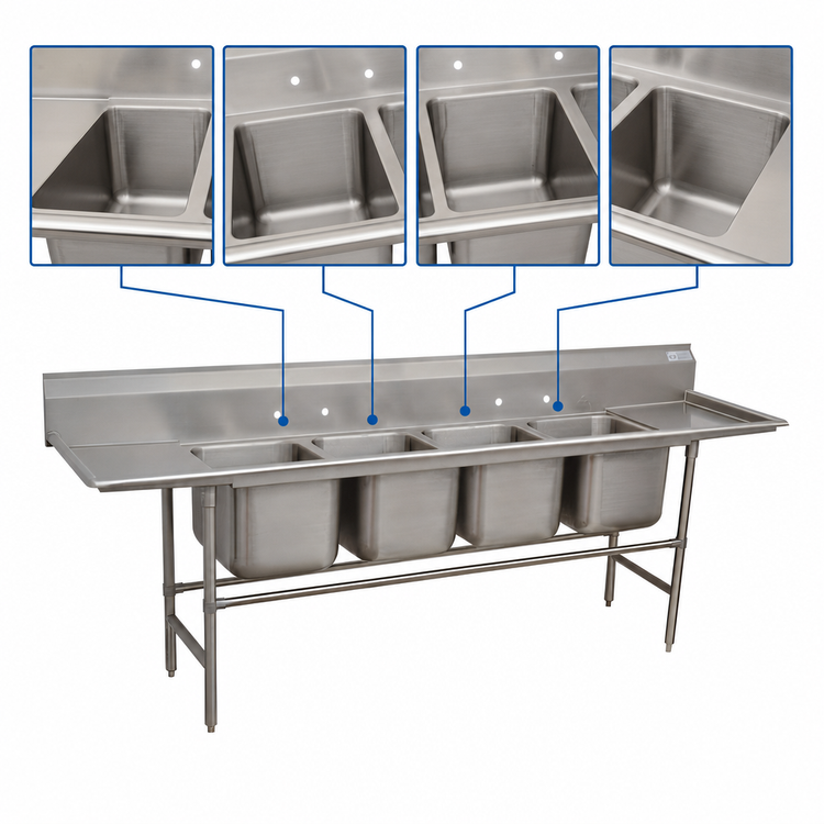 Product image #3 for Advance Tabco Regaline 4-Compartment Sink with Left and Right Drainboards, 14-Gauge 304 Stainless Steel
