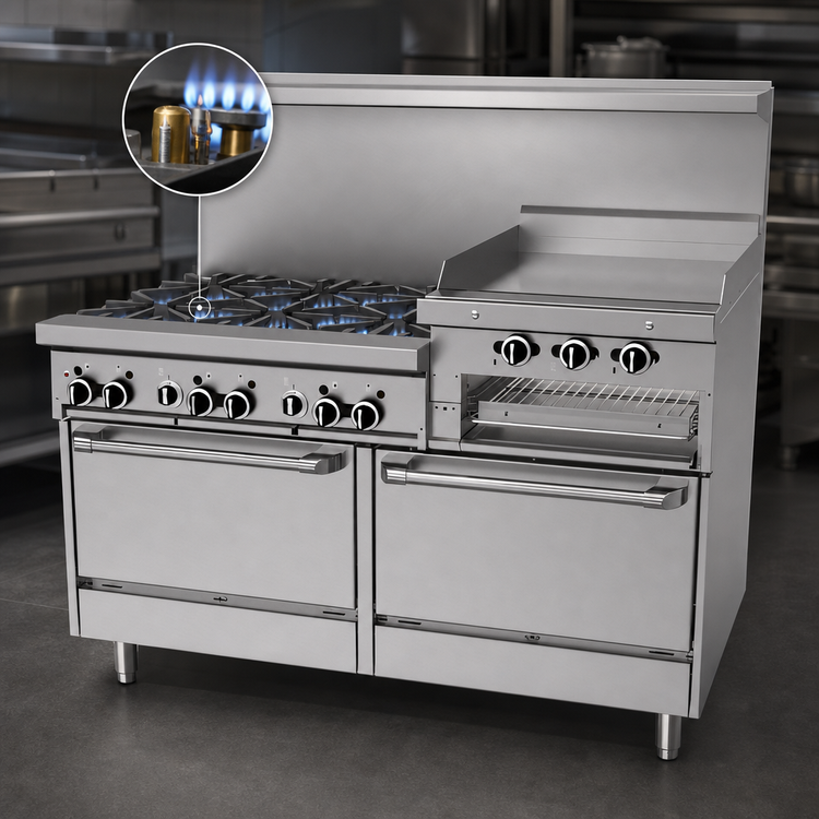 Product image #3 for Garland GFE Starfire Pro 60-Inch Gas Restaurant Range with 6 Open Burners, Right-Side 24-Inch Raised Griddle/Broiler, and 2 Standard Ovens