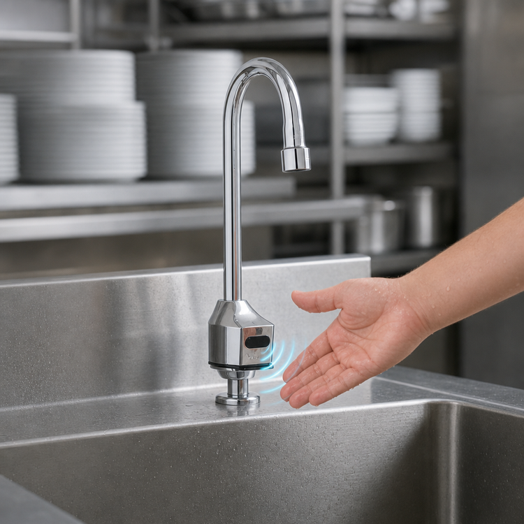 Product image #3 for ChekPoint Touchless Electronic Deck-Mount Faucet with Rigid Gooseneck Spout, Mixing Valve, and Hydro-Generator Power Supply