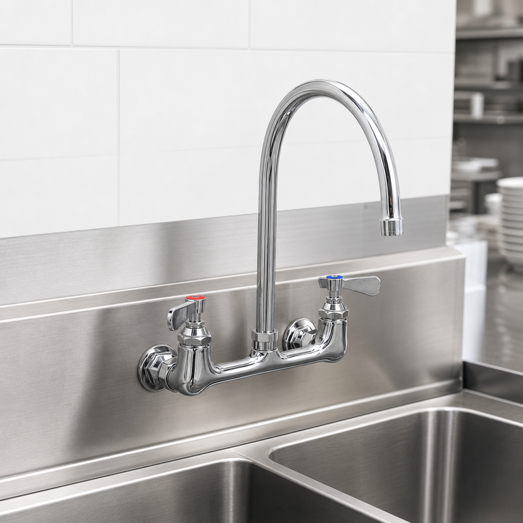 Product image #3 for BK Resources OptiFlow Heavy-Duty Splash-Mounted Gooseneck Faucet, 8-Inch Centers, 3-Inch Spout