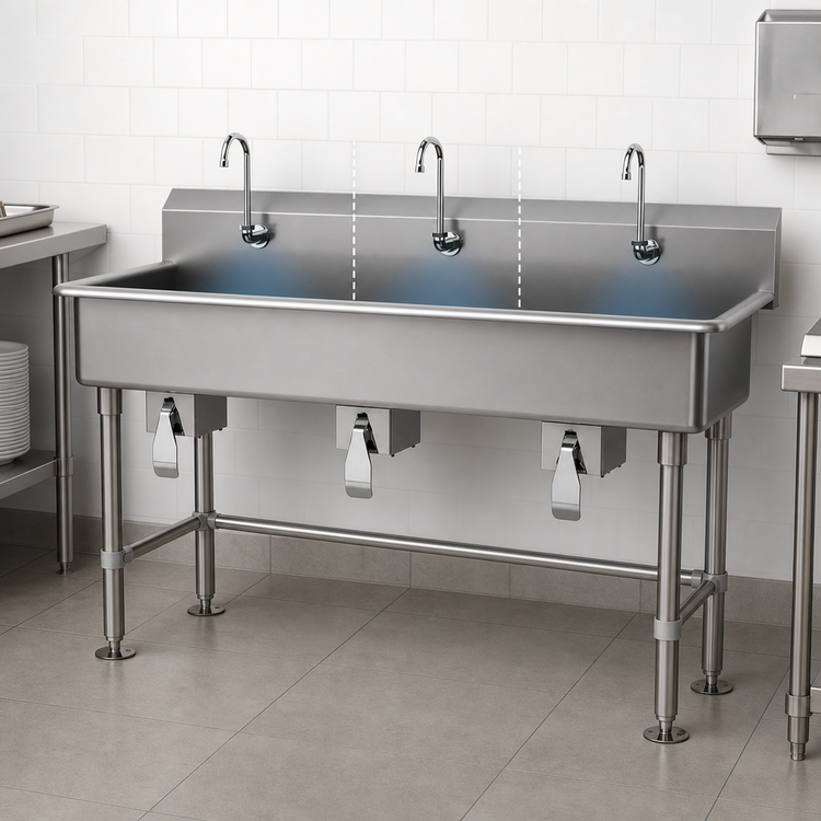 Product image #3 for Advance Tabco 60-Inch 3-Station Knee-Operated Multiwash Hand Sink with Gooseneck Spouts