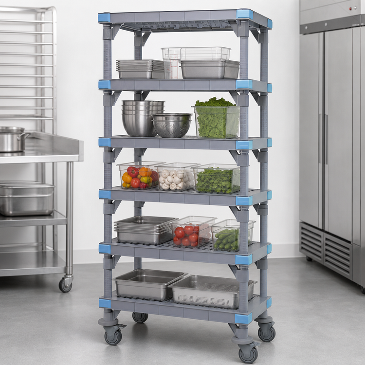 Product image #3 for Millenia Mobile Polymer Shelving Starter Unit with 5 Open Grid Shelves, 72W x 18D x 86H, Gray