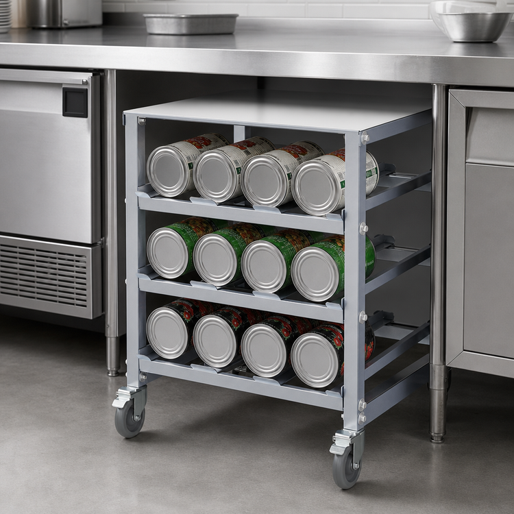 Product image #3 for Winco Heavy-Duty 3-Tier Mobile Under-Counter Aluminum Can Storage Rack for #5 and #10 Cans