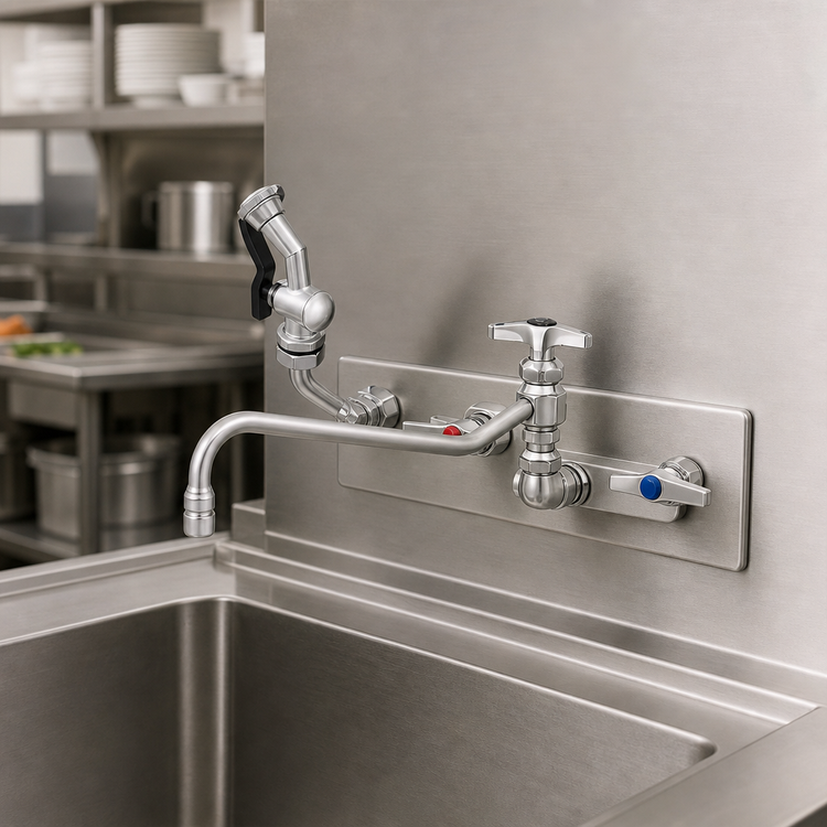 Product image #3 for T&S Brass B-1157-12 8-Inch Wall Mount Workboard Mixing Faucet with 12-Inch Swing Nozzle, Diverter, 72-Inch Hose, and Spray Valve