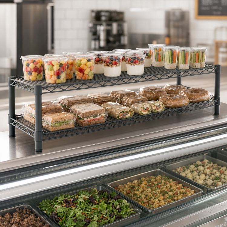 Product image #3 for QuadTruss 2-Tier Front Case Merchandise Cantilevered Wire Shelving Unit, 60"W x 14"D x 14"H, Gray Epoxy