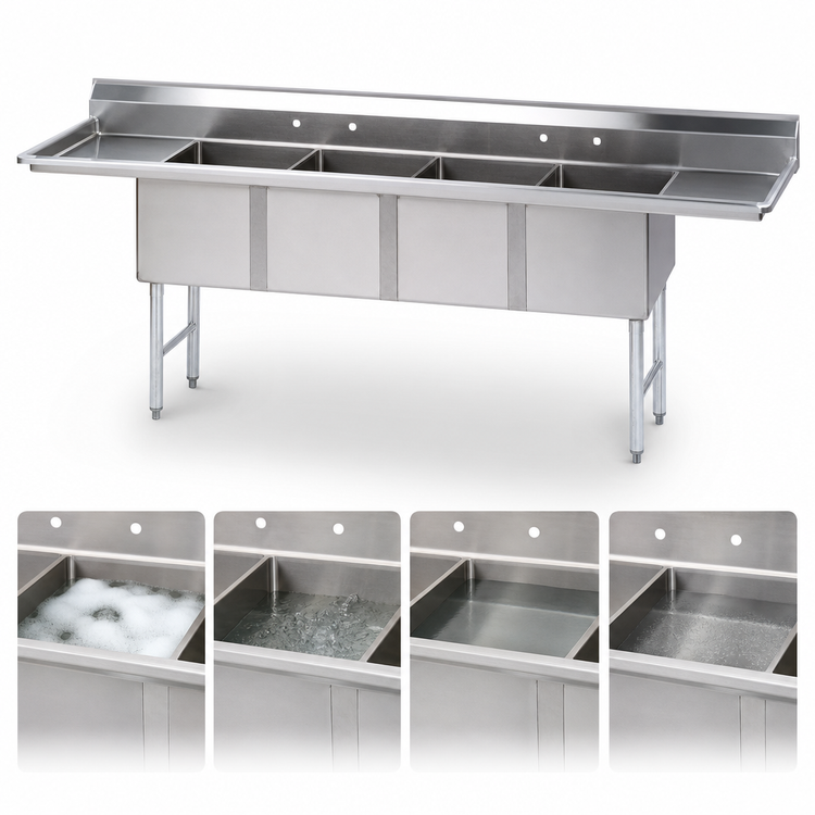 Product image #3 for Advance Tabco Special Value 4-Compartment Fabricated Sink with Left & Right Drainboards