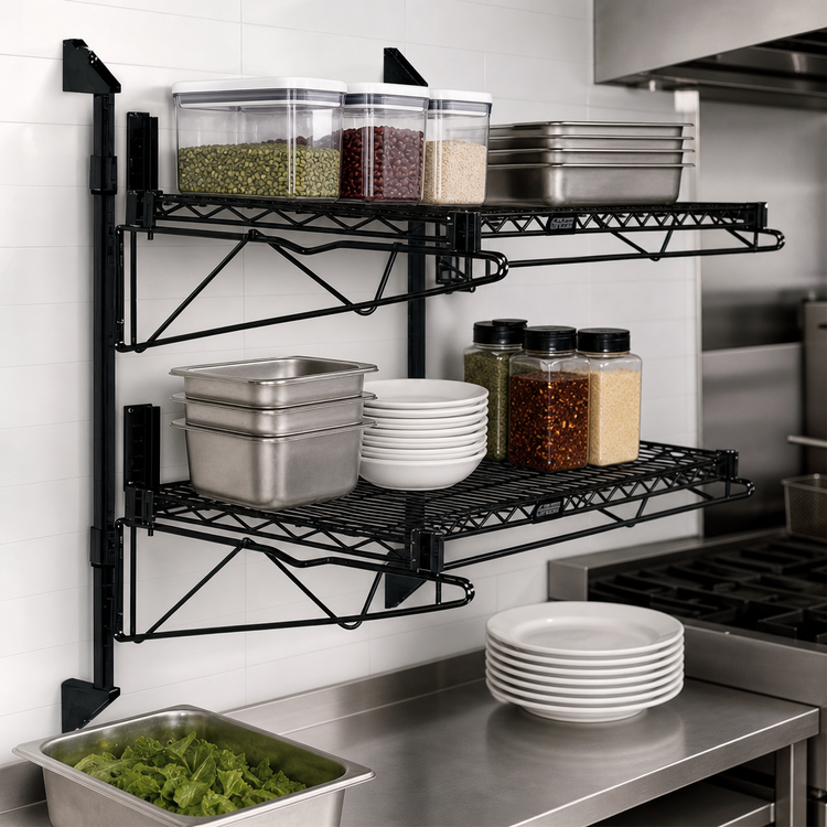 Product image #3 for Quantum Cantilever Double Shelf Wall-Mount Wire Shelving Unit, 36 x 21 Inch Shelves, Black Epoxy Antimicrobial Finish