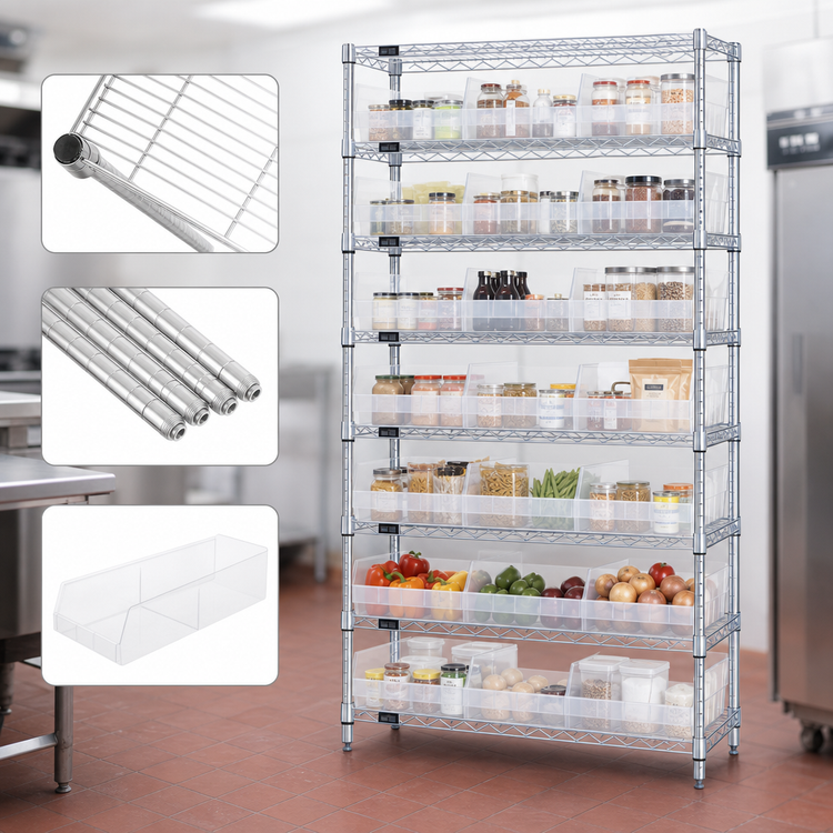Product image #3 for Quantum 36-Inch x 18-Inch x 74-Inch Chrome-Plated Bin Wire Shelving System with 9 Shelves and 24 Clear Bins