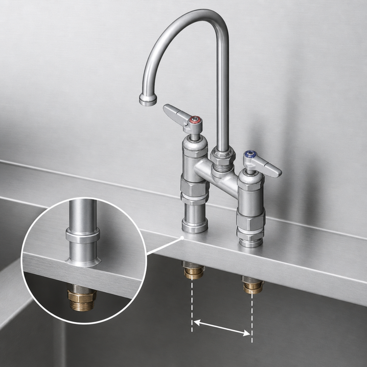 Product image #3 for T&S Brass Double Pantry Deck-Mount Mixing Faucet, 4-Inch Adjustable Centers, 5-3/4-Inch Swivel Gooseneck Spout