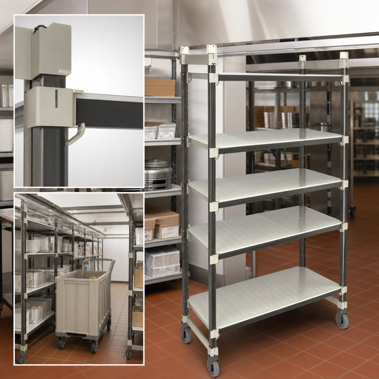 Product image #3 for Cambro Camshelving Elements XTRA Series 5-Tier High Density Top Rail Mobile Starter Unit, 21"D x 54"L x 80"H