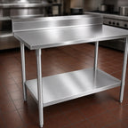Thumbnail image #3 for John Boos Stallion ST4R5-24144GSK 144 x 24 Inch Stainless Steel Work Table with 5-Inch Backsplash, 14-Gauge Top and Galvanized Undershelf