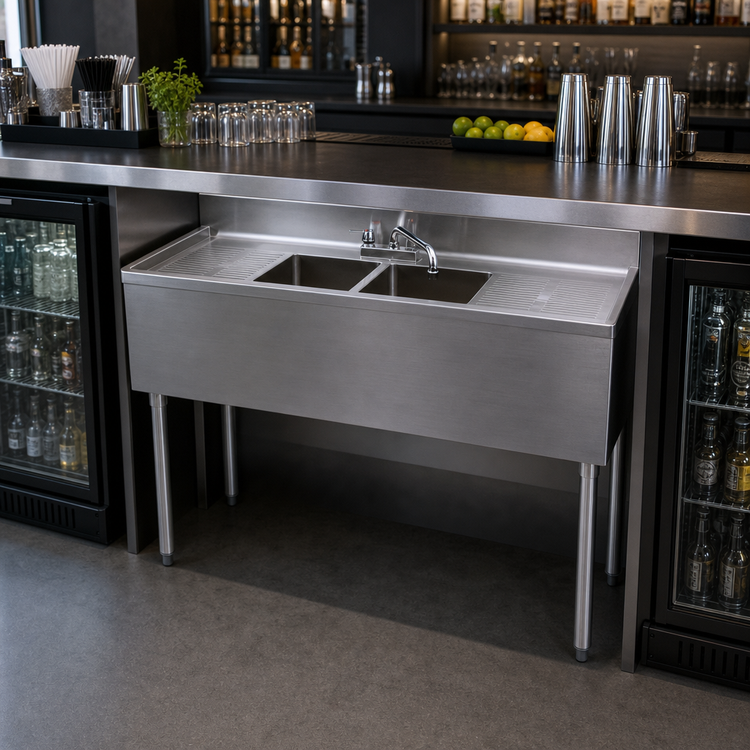 Product image #3 for BK Resources 48-Inch Slim-Line Two-Compartment Underbar Sink with Dual Drainboards and Faucet
