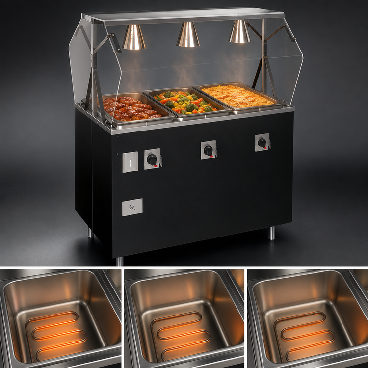 Product image #3 for Vollrath 2-Series Affordable Portable 3-Well Hot Food Station with Lighted Buffet Breath Guard and Open Storage Base