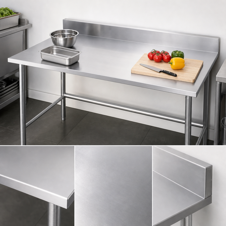 Product image #3 for Advance Tabco 60-Inch x 36-Inch 14-Gauge 304 Stainless Steel Work Table with 5-Inch Backsplash and Open Base