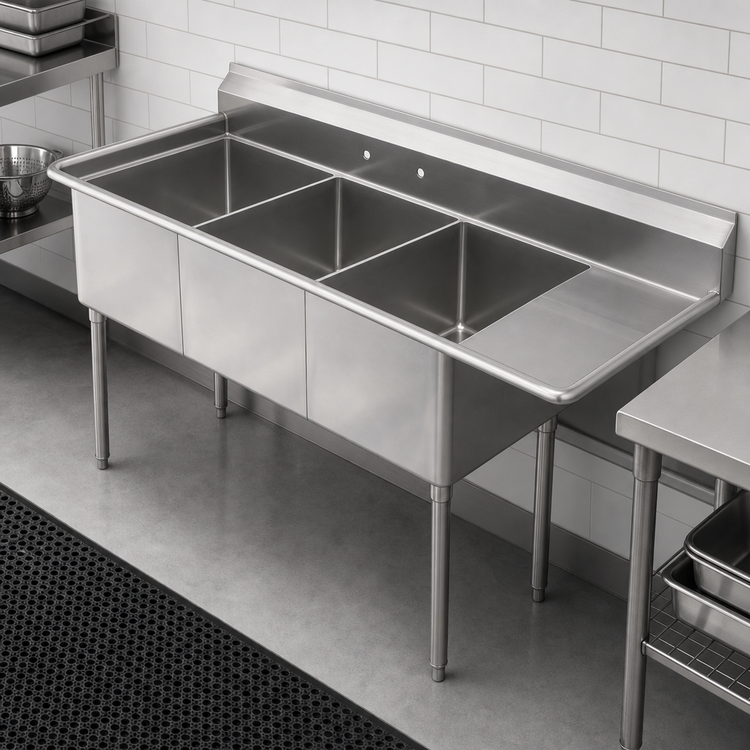 Product image #3 for 3-Compartment Commercial Sink with Right Drainboard, 82-1/2 Inch Wide
