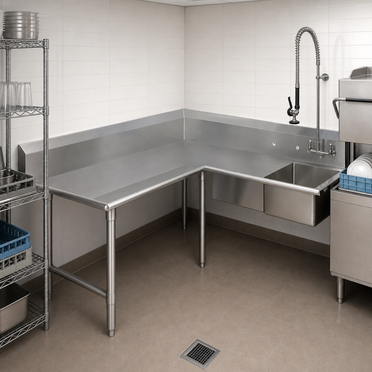 Product image #3 for Pro-Bowl 14 Gauge Stainless Steel Corner Soiled Dishtable with 20 x 20 x 8 Sink Bowl, 10 Inch Backsplash, 60 x 120 Inch L-Shape, Left-to-Right Operation