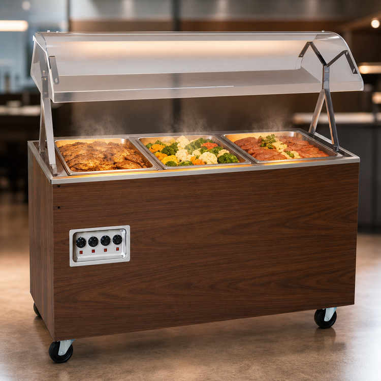Product image #3 for Vollrath 2-Series 3-Well Mobile Hot Food Station with Lit Buffet Breath Guard and Enclosed Storage Base, Walnut Woodgrain