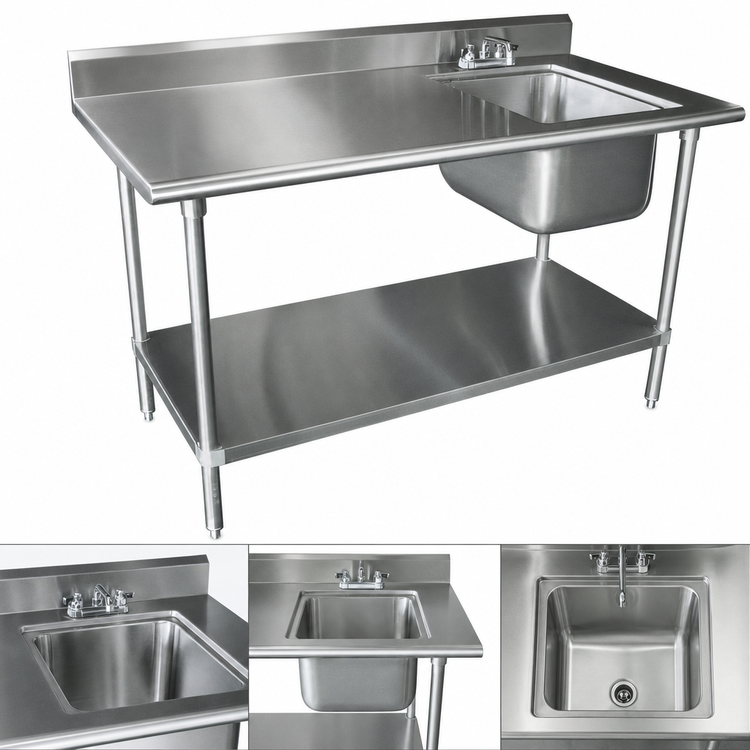 Product image #3 for Advance Tabco Special Value Series 60-Inch x 30-Inch 430 Stainless Steel Work Table with Right-Side Prep Sink and Galvanized Undershelf