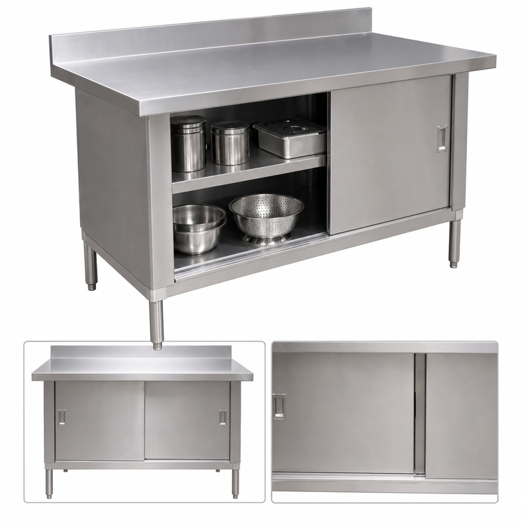Product image #3 for 72-Inch Stainless Steel Enclosed Work Table with Sliding Doors and Backsplash