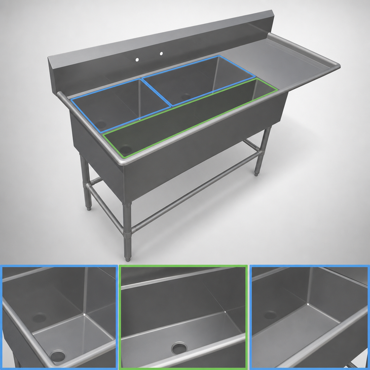 Product image #3 for John Boos Pro-Bowl 3-Compartment Stainless Steel Platter Sink with Right Drainboard, 90-3/16 Inch Wide