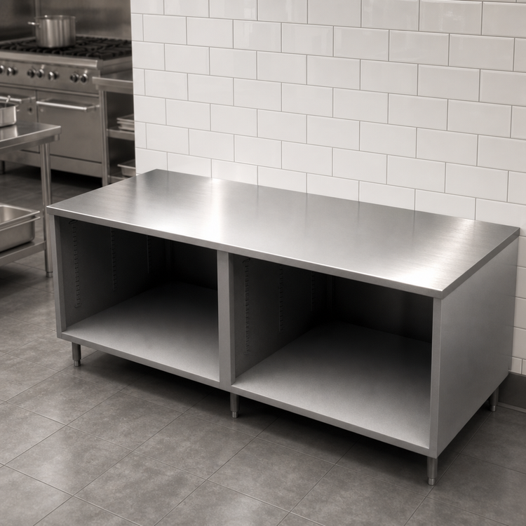 Product image #3 for BK Resources 96 x 36 Inch Stainless Steel Chef Table with Open Front Cabinet Base